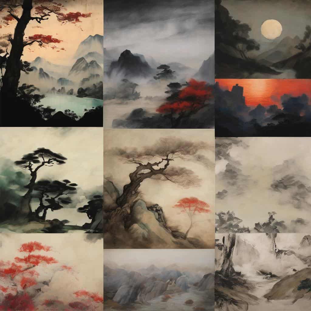 Ζωγραφική με παραδοσιακά κινέζικα καλλιτεχνικά κινήματα και εκπροσώπους, αναπαριστώντας τοπία φύσης και φυσικά στοιχεία, σε ρεαλιστικό και αφηρημένο στυλ, με έμφαση στην τεχνική του ink wash.