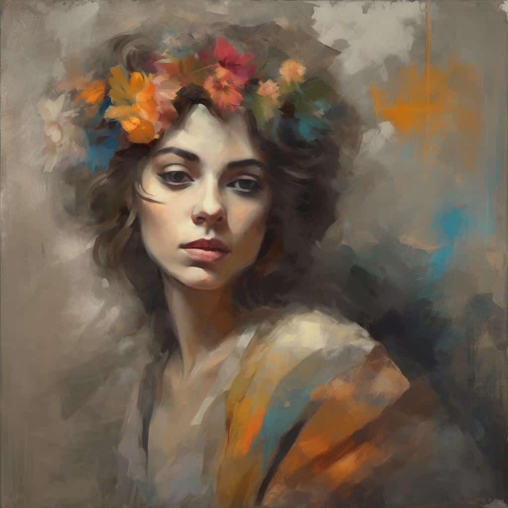Φυσιογνωμία γυναίκας με στεφάνι από λουλούδια, ρεαλιστικό πορτρέτο, τέχνη και καλλιτεχνικά κινήματα, σύγχρονη ζωγραφική, ποπ αρτ, δημιουργική τέχνη, έκφραση και καλλιτεχνική δημιουργία.